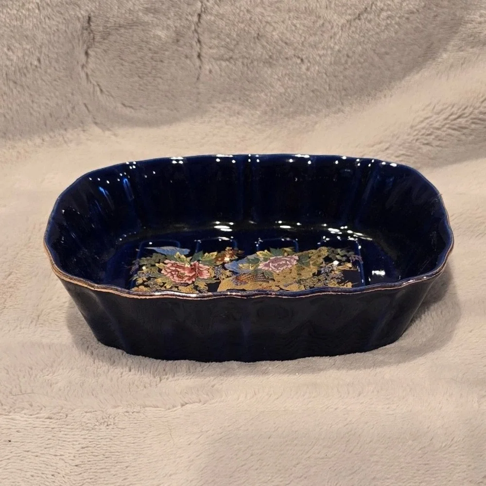 Vintage Kutani Japan Cobalt Blue Porcelain Floral Soap Dish Gold Gilt Scalloped